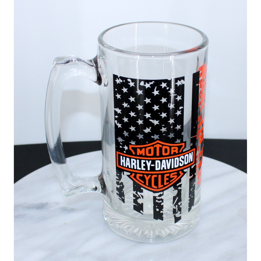 Harley-Davidson American Flag Glass Beer Mug Stein 26.5 oz Ride Free Logo